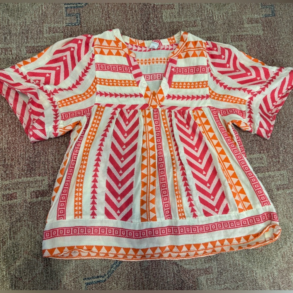 Old navy embroidered pink & orange v neck puff sleeve tunic blouse size small